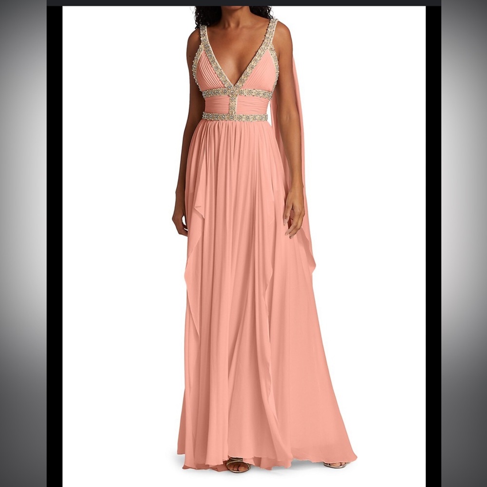 Elie Saab pink Silk ChiffonPHARD pleated cape jewel deep v dress 36
